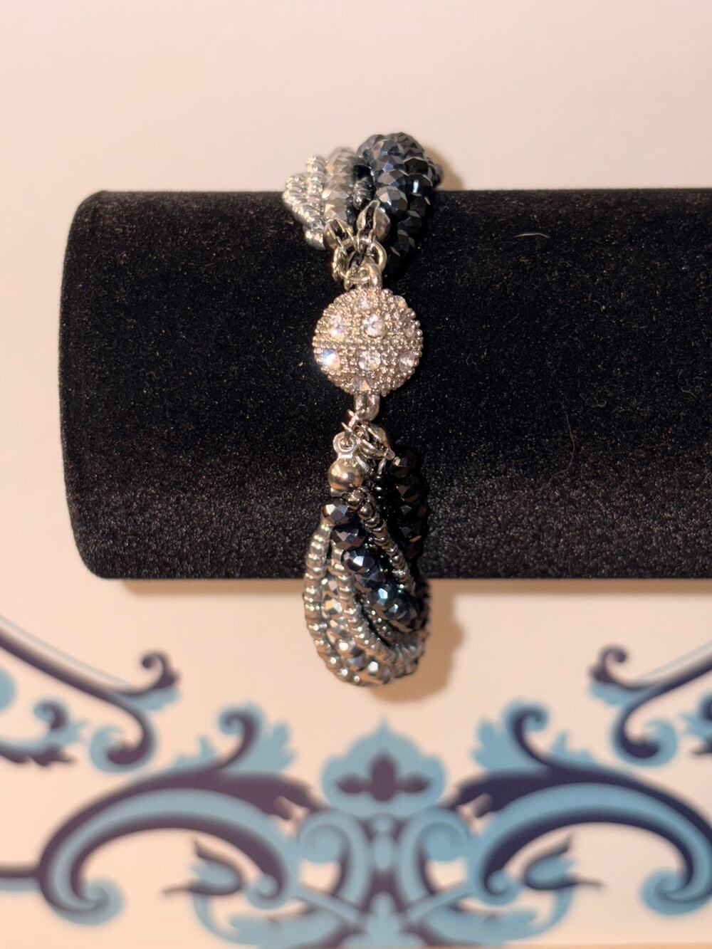 Charcoal Crystal & Silver Metal Bead Twisted Bracelet Pave Crystal Ball Accent